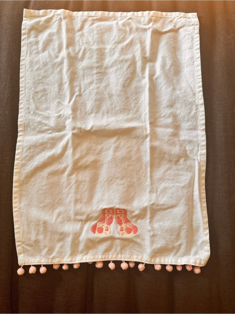 Pomegranate Chinoiserie Foo Dog Embroidered Hand Towel Pink Pom Pom Trim